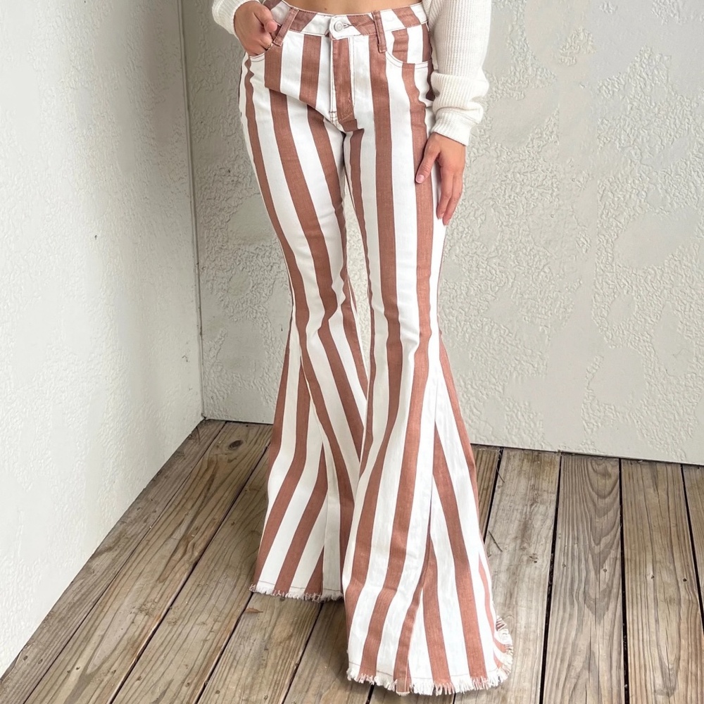 Wisteria Lane Brown and White Striped Bell Bottom Flares